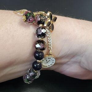 Sparkly beaded bracelet roses gold silver pink charms